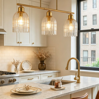 3-Light Gold Linear Chandelier For Kitchen Island, Clear Glass Shade Pendant Light, Height Adjustable Industrial Hanging Light For Dining Room, Living Room, And Entryway