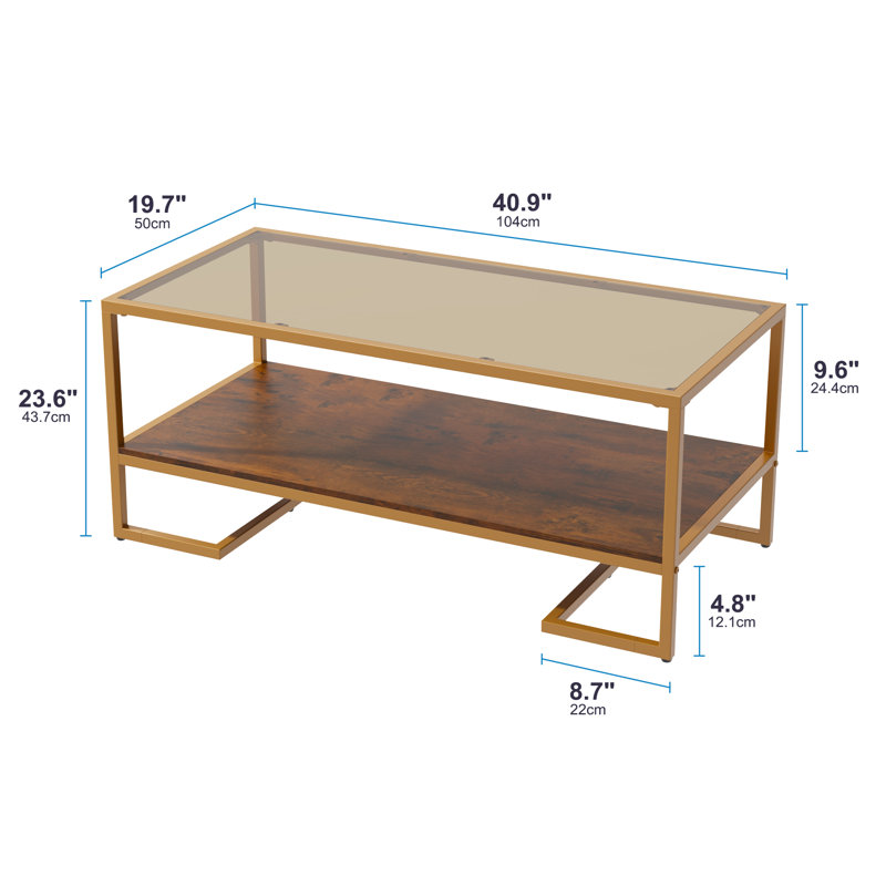 Coffee Table, 2 Tier Tempered Glass Coffee Table, Rectangle Modern Center Table With Metal Frame, Glass Accent Table Open Storage Shelf For Living Room, Office, Brown