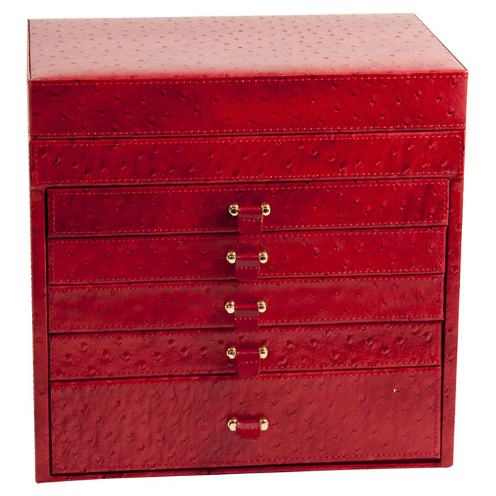 Boîte à bijoux 5 tiroirs, Cuir rouge