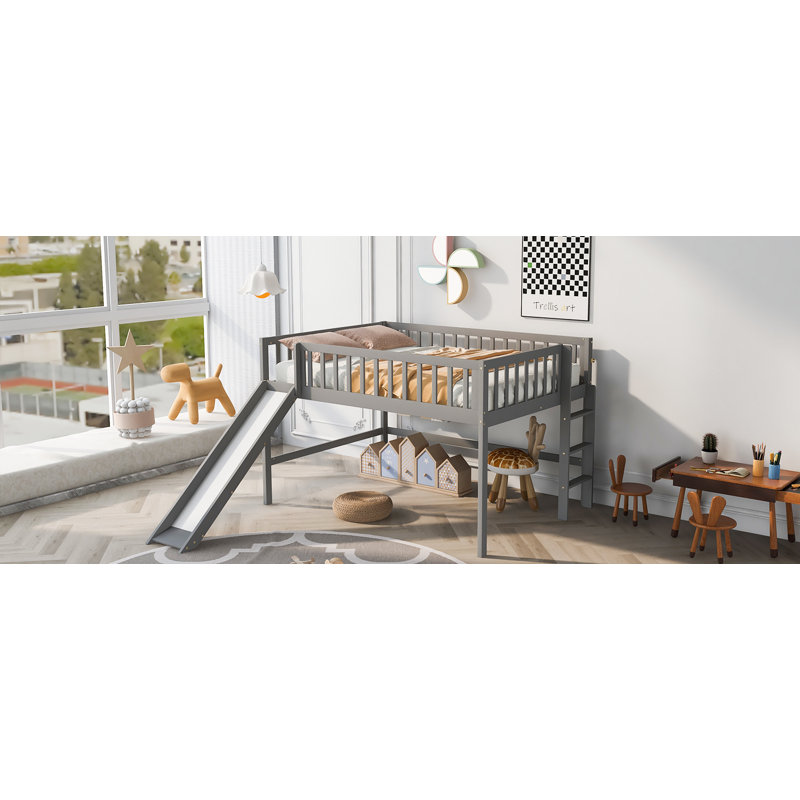 Lit mezzanine bas avec échelle et toboggan, Gris