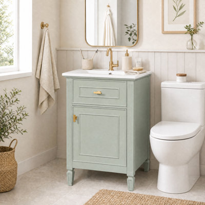 Meuble-lavabo moderne de 20 po avec lavabo en céramique, structure et pieds en bois d'hévéa massif, tiroir basculant, armoire 1 porte avec tablette réglable, fermeture en douceur, finition verte