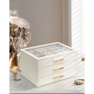 Boîte à bijoux avec couvercle en verre et 3 tiroirs, organisateur de bijoux pour colliers, bagues et boucles d'oreilles, cadeau pour la fête des Mères