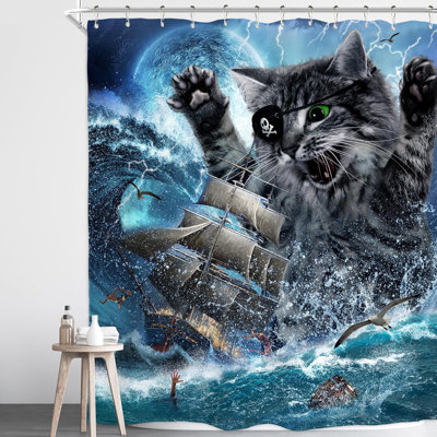 Funny Cat Pirate Shower Curtain Ship Sea Ocean Waves Nautical Sailboat Moon Cool Animal Beach Seagull Cute For Kids Boys 60Wx72h Inch Hilarious Waterp -  Trinx, F2CAA8D888A54C8385C6B7B780D1A072