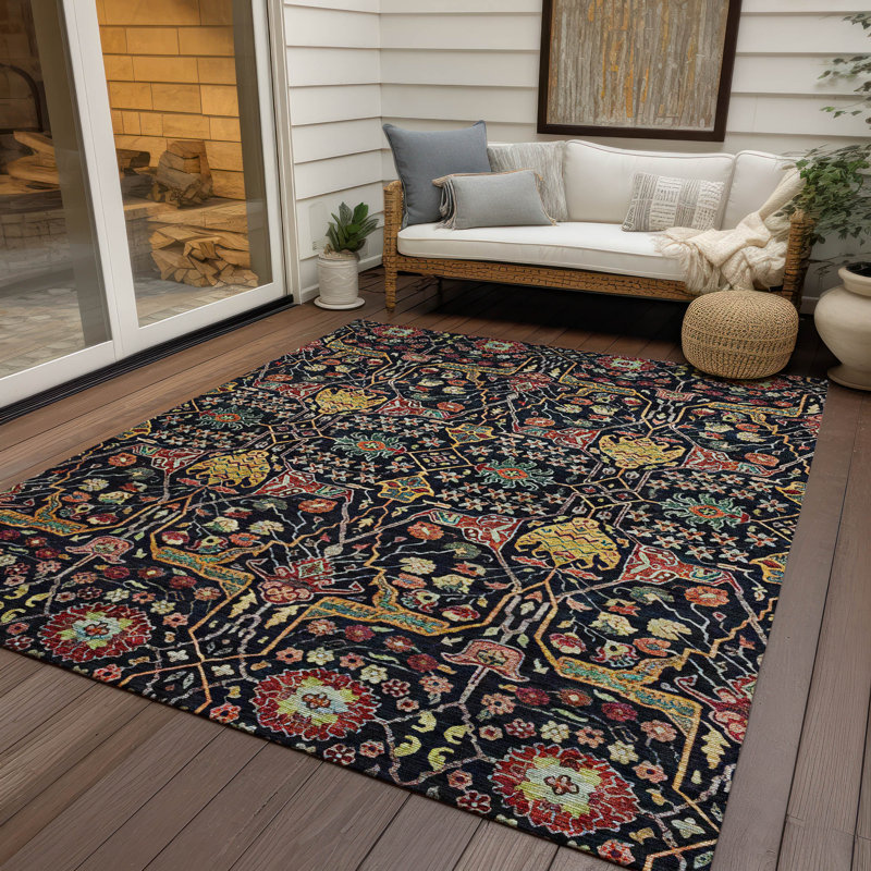 Black and Multicolor Synthetic Flat Woven Washable Rug
