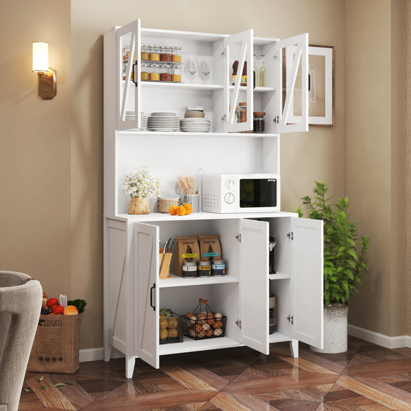 Grande armoire de rangement pour garde-manger avec portes en verre, tiroirs et tablettes ouvertes, armoire de rangement autoportante pour le salon (armoire)