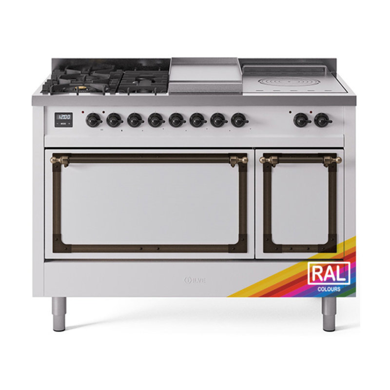 ILVE Nostalgie II Series Noblesse 48 inch Dual Fuel Range with 5 Sealed Burners, Griddle, French Top (Glass Door), Burnished