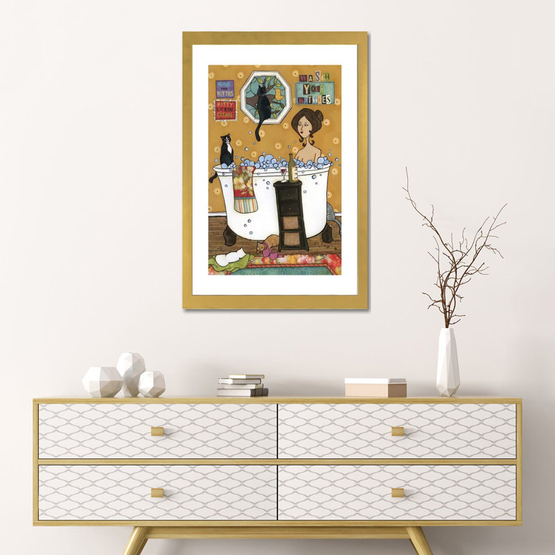 « Wash your kitties » par Jamie Morath-impression, Blanc, Papier encadré doré, H 24 po x l 16 po x P 1 po