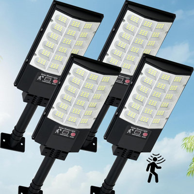 Solar Street Lights Outdoor With Motion Sensor, 6500K Dusk To Dawn Waterproof Flood Lights, Remote Control Solar Powered Security Lighting For Parking Lot, Garage, Yard (4 Pack)