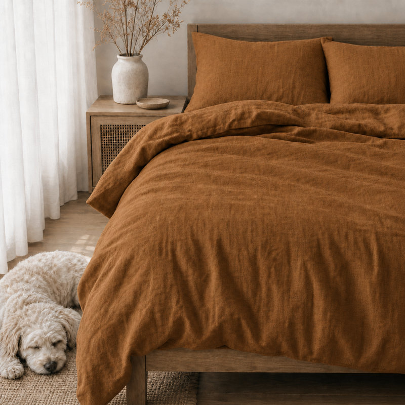 Ensemble de housse de couette 100% lin français naturel (plusieurs tailles et couleurs), Poussière d'orange
