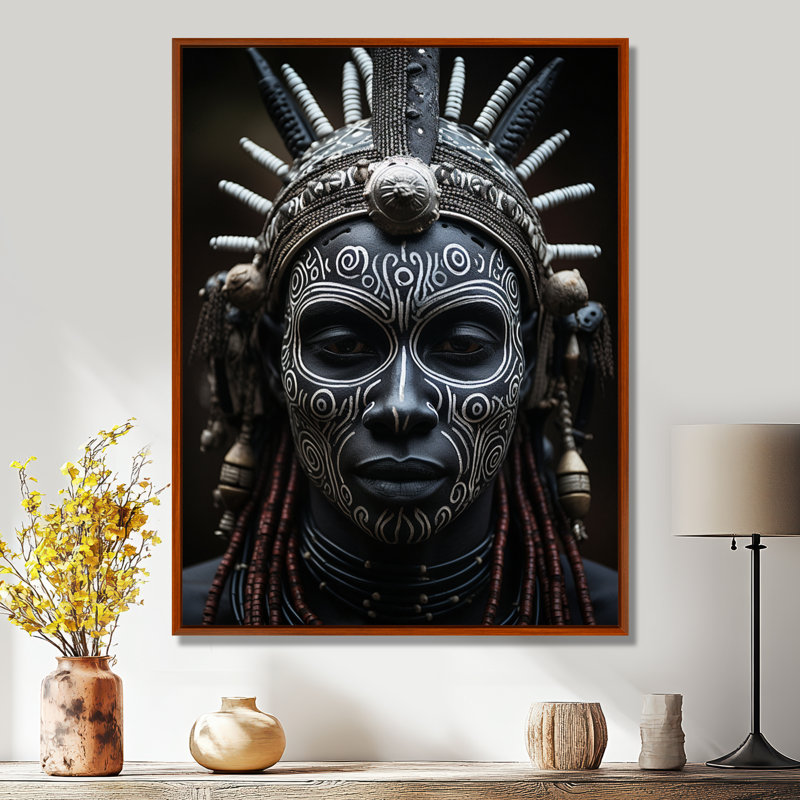 Masque africain Kiyansh Tribu V - imprimé, Cadre flottant brun, 32" H x 16" W