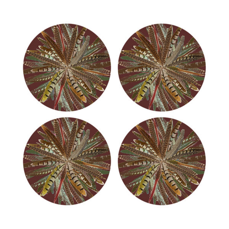 Pheasant Feathers Vegan Leather Round Pebble Placemat, Porto