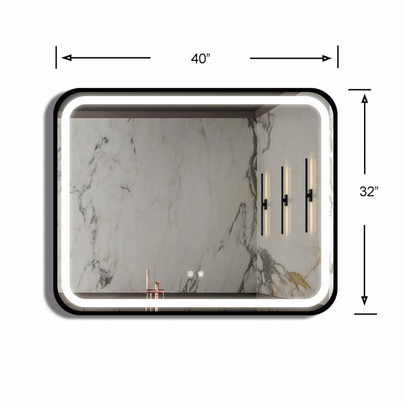 Miroir d'appoint pour salle de bain avec lumière élevée, cadre en métal noir, touche à intensité variable