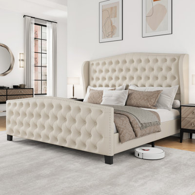 Upholstered King Bed With Wingback Headboard, Velvet Platform Bed with Tufted Footboard, Beige