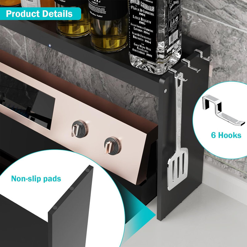 Bamboo Spice Rack For Stove Top - Over The Stove Shelf With 6 Hooks, Large Storage Space For Spice Organization, Stable And Dirt-Resistant Kitchen Counter Shelf