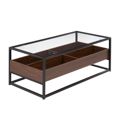 Table basse contemporaine avec dessus en verre trempé, compartiments de rangement en noyer et structure en métal noir