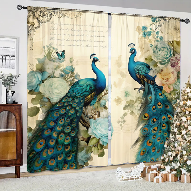 2Pcs Peacock Floral Window Curtains Vintage Botanical Print Rod Pocket Drapes Vibrant Turquoise Bird Pattern Elegant Home Decor Light Filtering Curtain Panels for Living Room Bedroom Dining