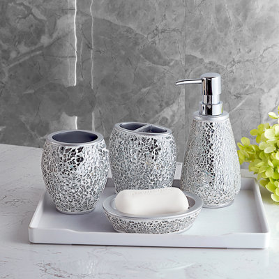 Alejandra Luxury Modern Home Décor 4 Piece Bath Accessories Set Ensemble Included Bathroom Liquid Soap Lotion Dispenser Pump Toothbrush Holder Tumbler and Soap Dish, Casper Mosaic Glass Silver Style