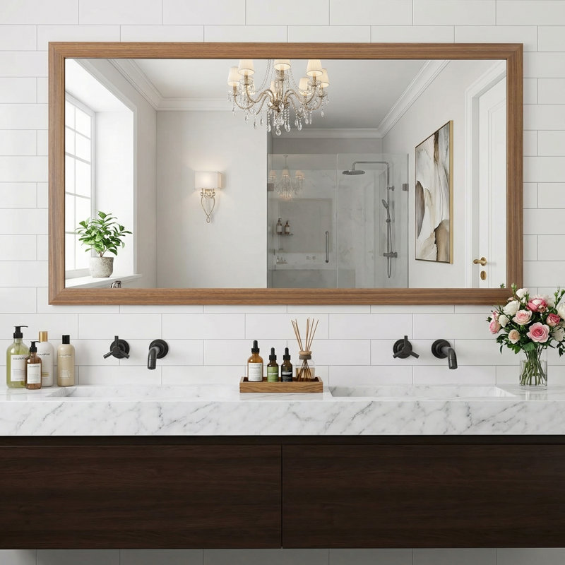 Miroir de salle de bain en verre trempé épais de haute qualité, Bois brun foncé, 72 po x 32 po