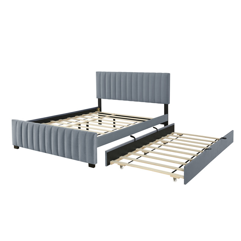 Velvet Upholstered Platform Bed with Trundle, Gray, Queen