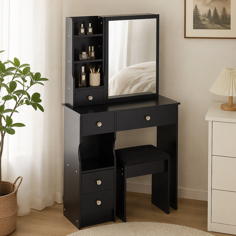 Petit meuble-lavabo de 29,2 po avec tiroir à gauche et tabouret rembourré, très grand miroir coulissant à droite, rangement multi-couches à grande capacité, commode pratique, certificat EPA, GCC, UL