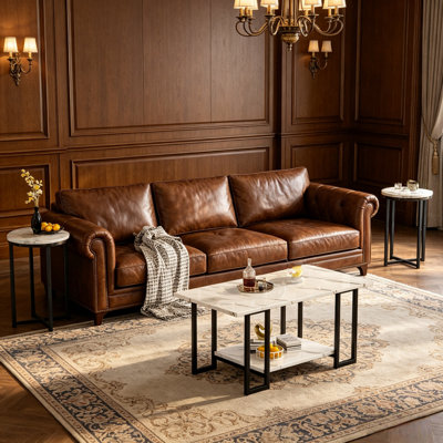 3-Piece Faux Marble Coffee Table Set, Living Room Table Set with Open Storage Shelf, Rectangular Center Table & Round End Side Tables, Living Room Furniture Set with Black Metal Frame