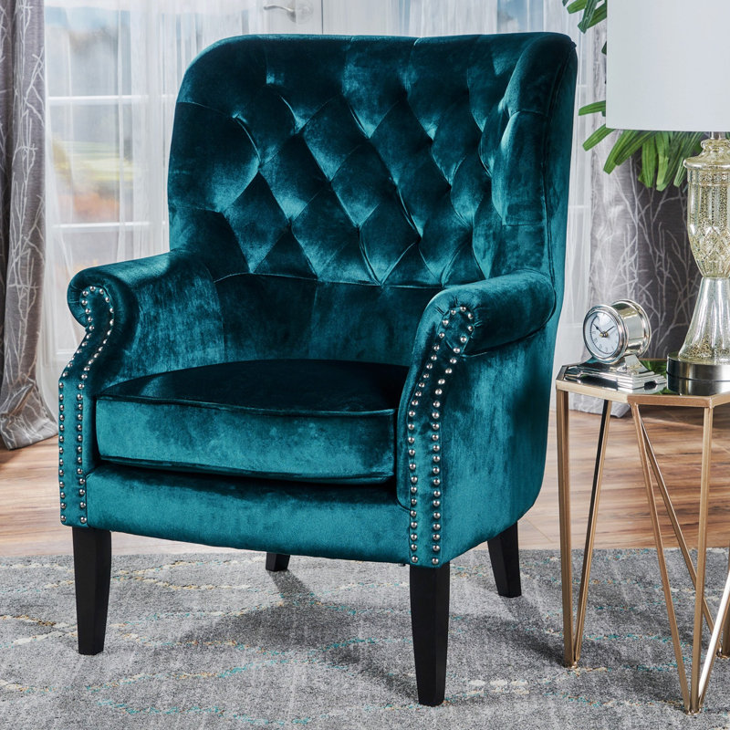 Fauteuil club, fauteuil confortable, Velours sarcelle Dalayla