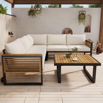 Bowen 2-Piece Modern Industrial Acacia Wood Outdoor Conversation Set With Water-Repellent Cushions And Metal Frame