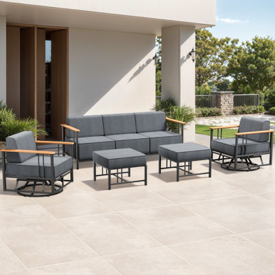 Ensemble de patio 5 pièces en osier avec canapé, 2 chaises berçantes pivotantes et repose-pieds