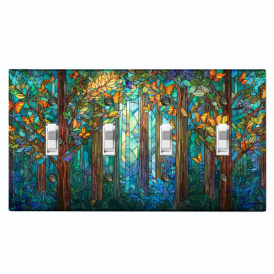 Metal Light Switch Plate Cover; US Standard Size 4 Gang Toggle - Printed Image of Stained Glass Forest