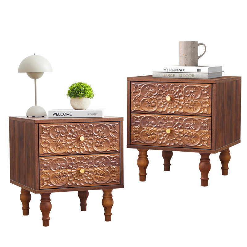18.14'' Tall 2 Drawer Farmhouse Embossed Nightstands, Walnut
