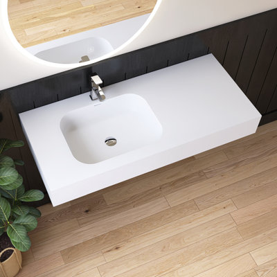 47"Wall-Mounted Stone Resin Rectangular Vessel Sink,Solid Surface Bathroom Single Countertop With Left Basin In Matte White