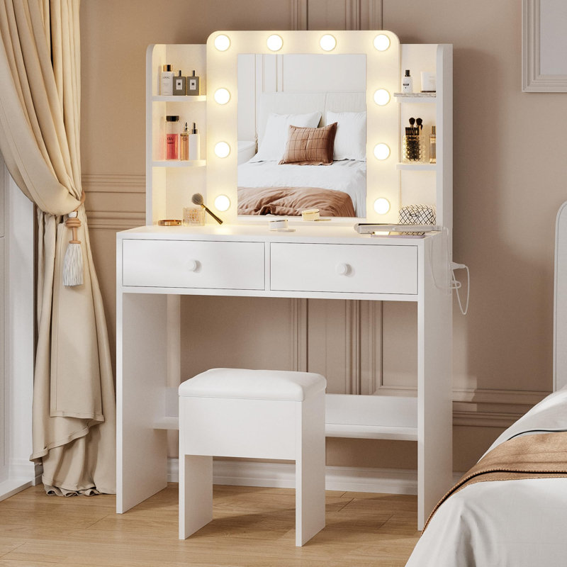 Bureau de coiffeuse blanc avec miroir et lumières