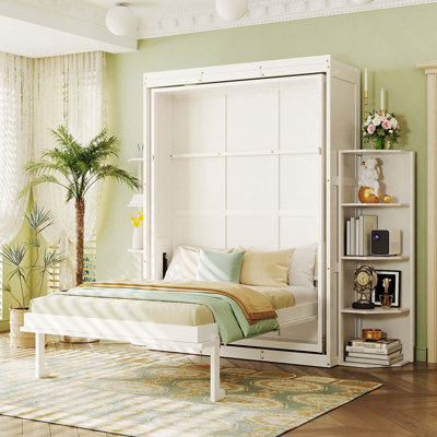 Rotating Murphy Bed with Hidden Wall Cabinet, Dual 3-Tier Side Shelves, Convertible Desk, Space-Saving Multifunctional Wall Bed