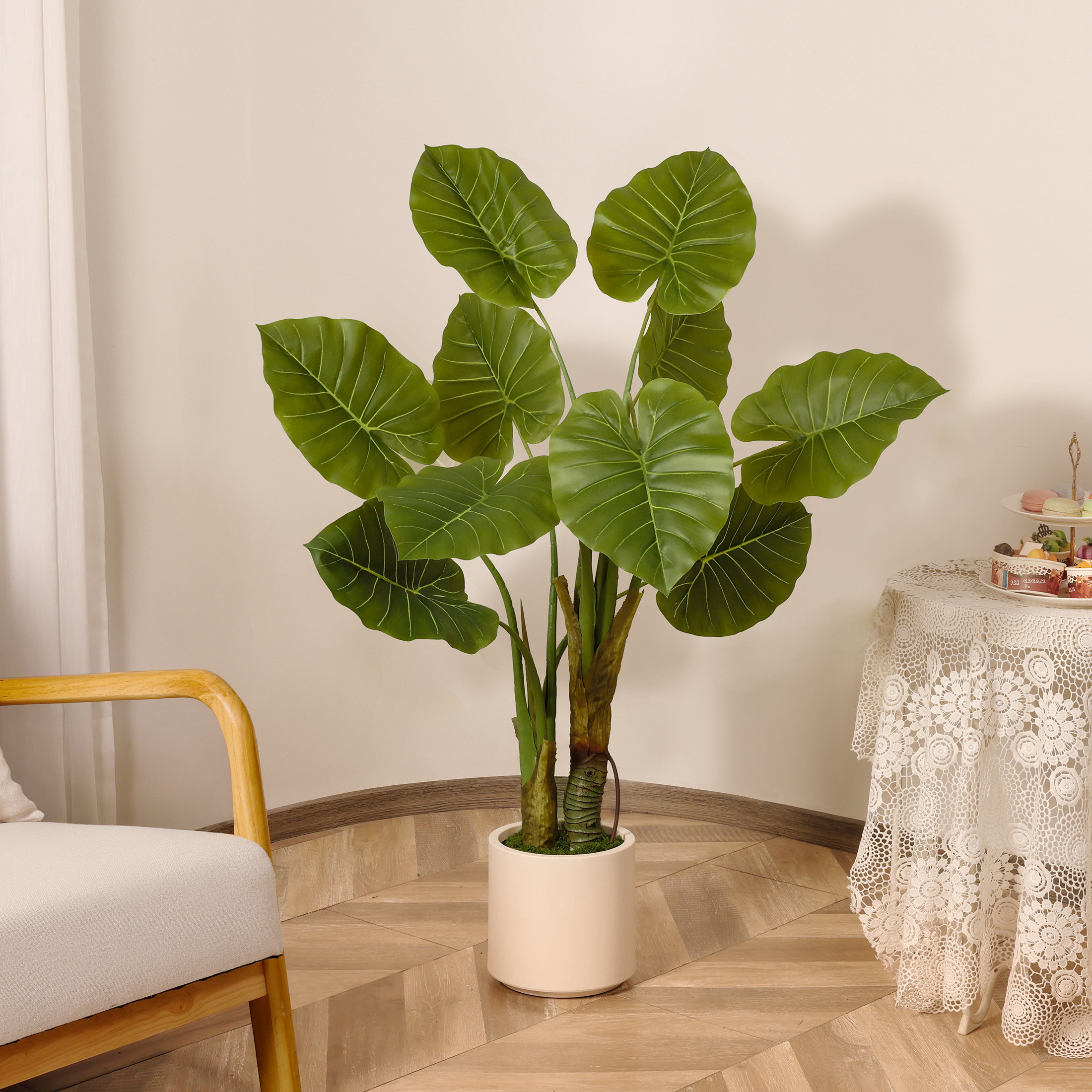 Primrue Faux Banana Leaf Plant in White Planter, Lifelike Fake Green