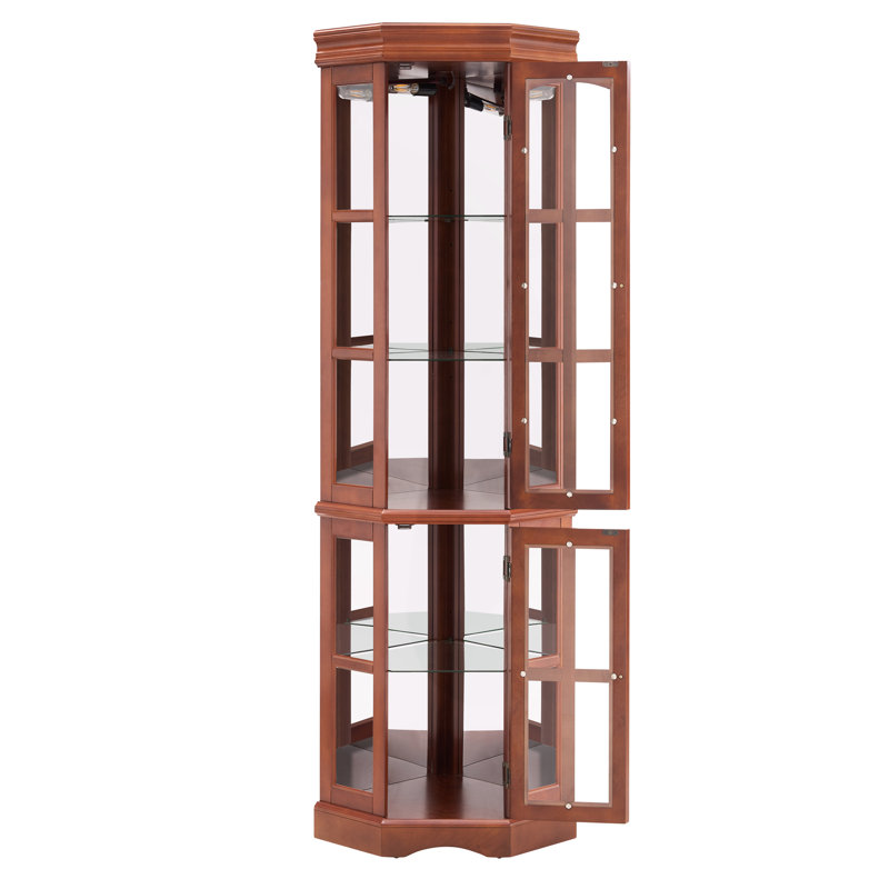 Vitrine de coin en noyer avec 5 tablettes et éclairage à corrosion