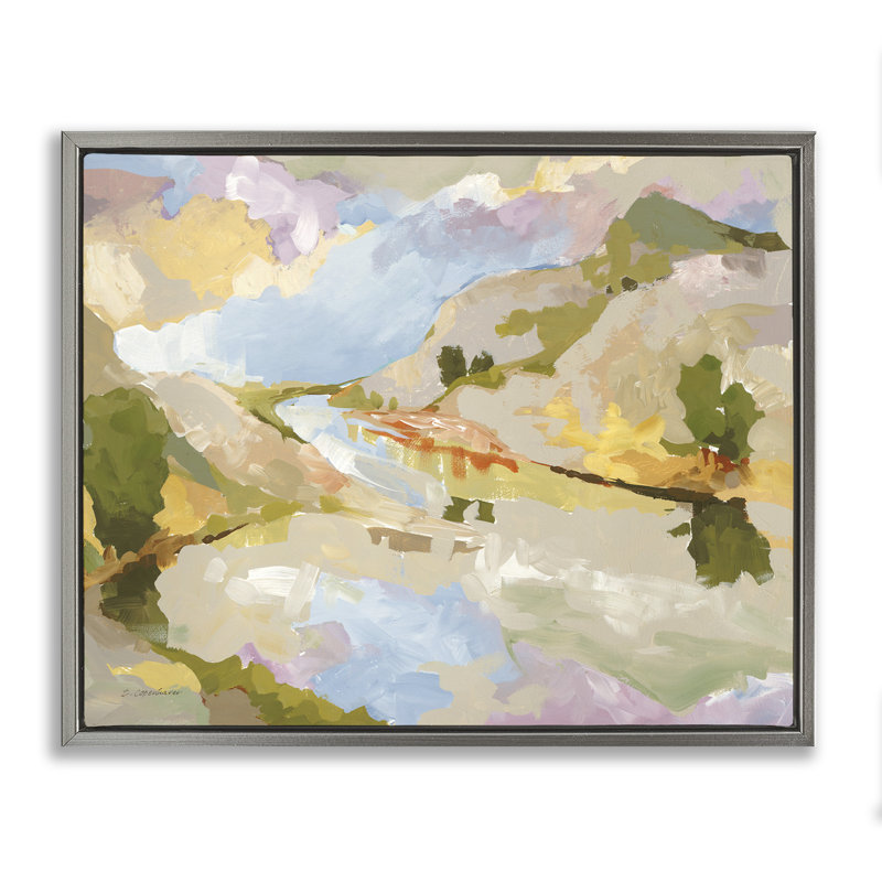 Peinture abstraite à reflet de montagne, H 25 po x l 31 po, Cadre flottant gris