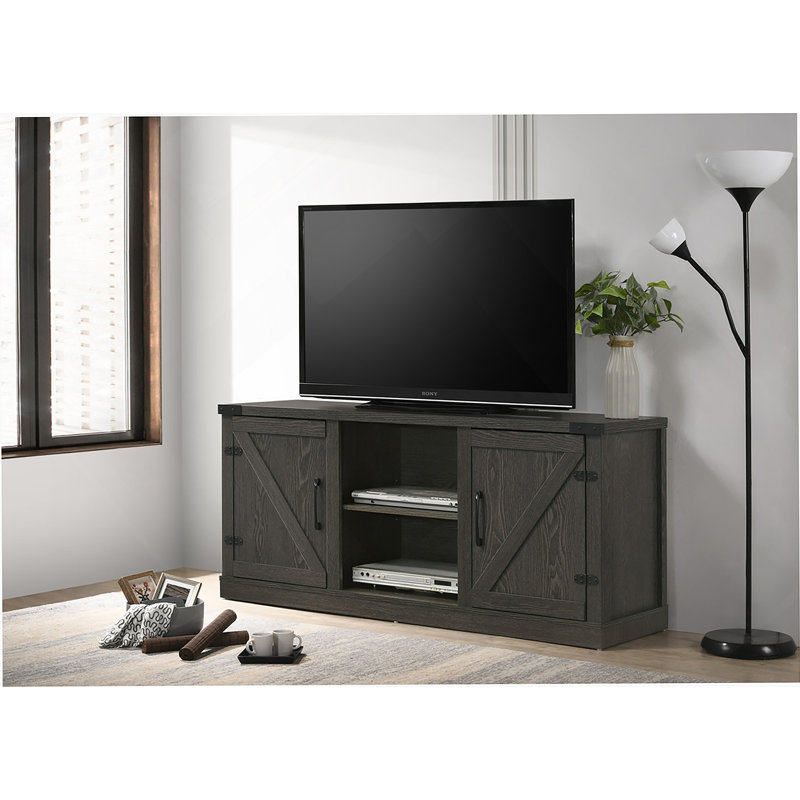 Meuble télé avec 2 tablettes ouvertes et 2 armoires pour téléviseur de 60 po ou moins, Gris foncé
