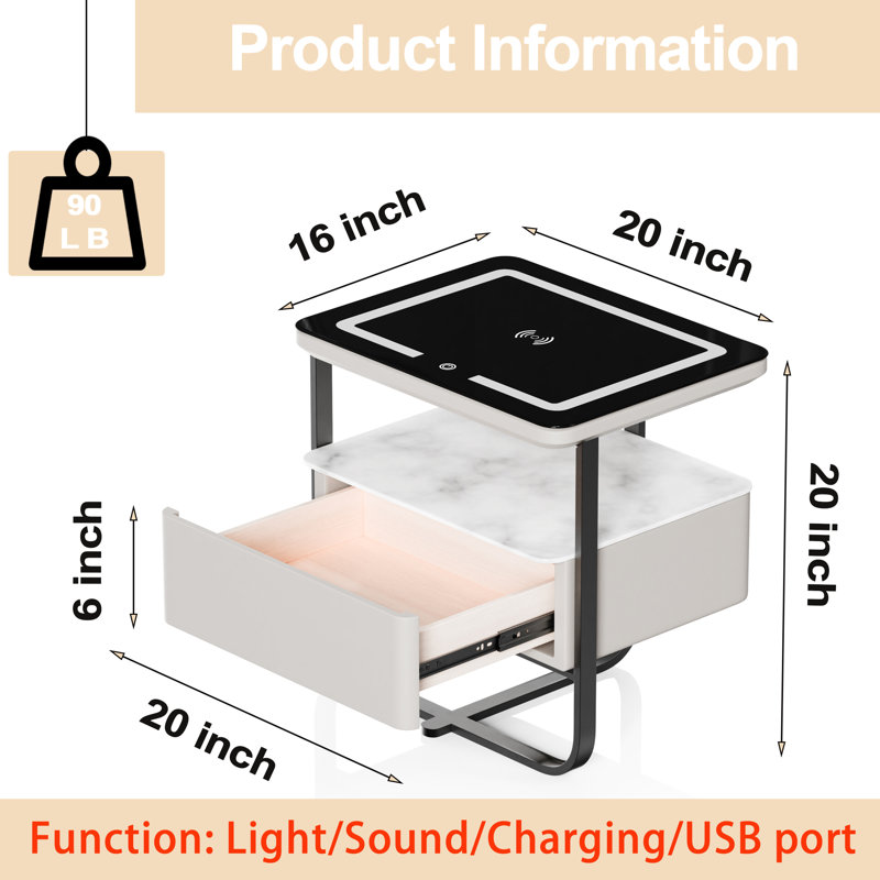 Modern 1 - Drawer Nightstand With Wireless Charging, Led Lights, Bluetooth Player And 3 Lighting Select