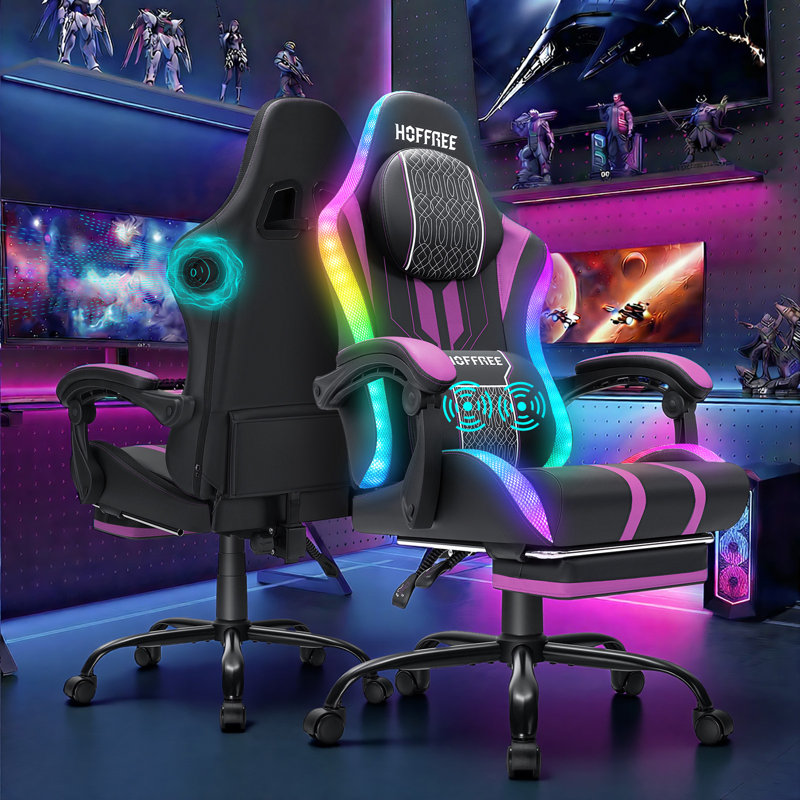 HOFFREE Fauteuil de jeu à DEL avec haut-parleurs et fauteuil de jeu vidéo massant pour 400 lb, Noir / mauve