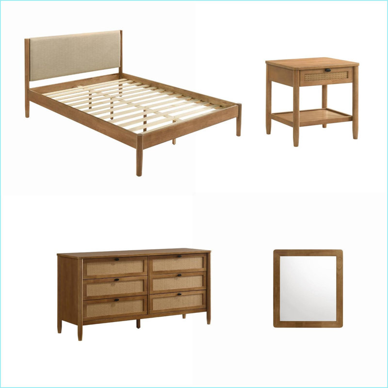 Ensemble de chambre à coucher grand lit 4 pièces avec tiroirs en rotin, sans sommier | Structure en bois d'hévéa, brun noyer | Revêtement en polyester