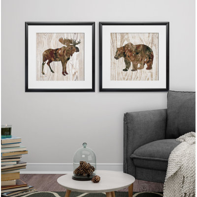 «Pine Forest Moose & Bear», ensemble de 2 reproductions d'art encadrées