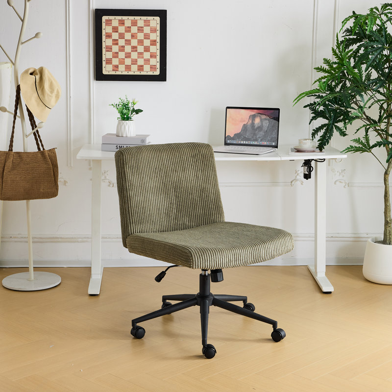  24.02‘’W Corduroy Task Office Chair With Non-Rolling Pads and Wheels, Green
