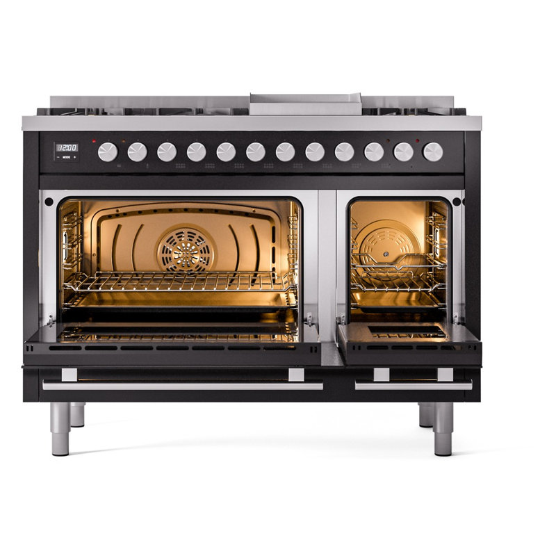 ILVE Professional Plus II 48 cuisinière à double combustible, 8 brûleurs scellés, plaque chauffante (noir brillant)