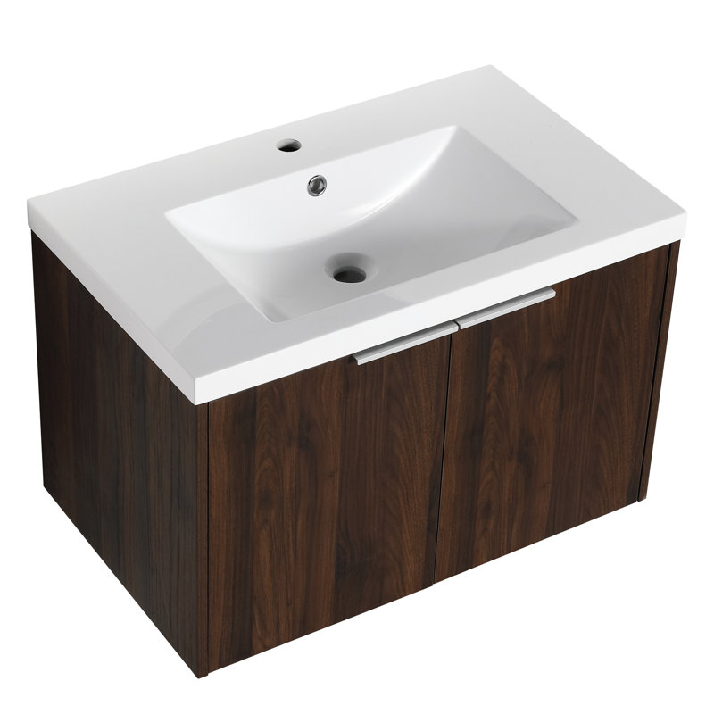 Meuble-lavabo de 30 pouces pour les petits espaces. Portes à fermeture en douceur. Fixation murale moderne. Bassin en résine. Noyer scintillant avec lavabo, porte, lavabo monté, options de rangement