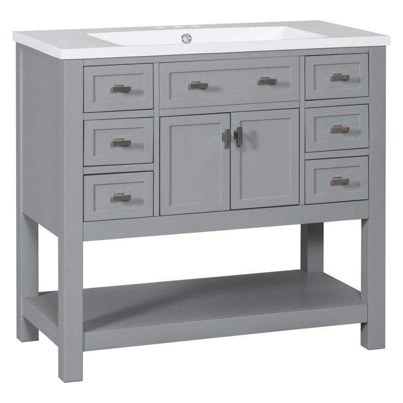 Meuble-lavabo moderne avec lavabo supérieur, 2 portes à fermeture douce et 6 tiroirs, Gris
