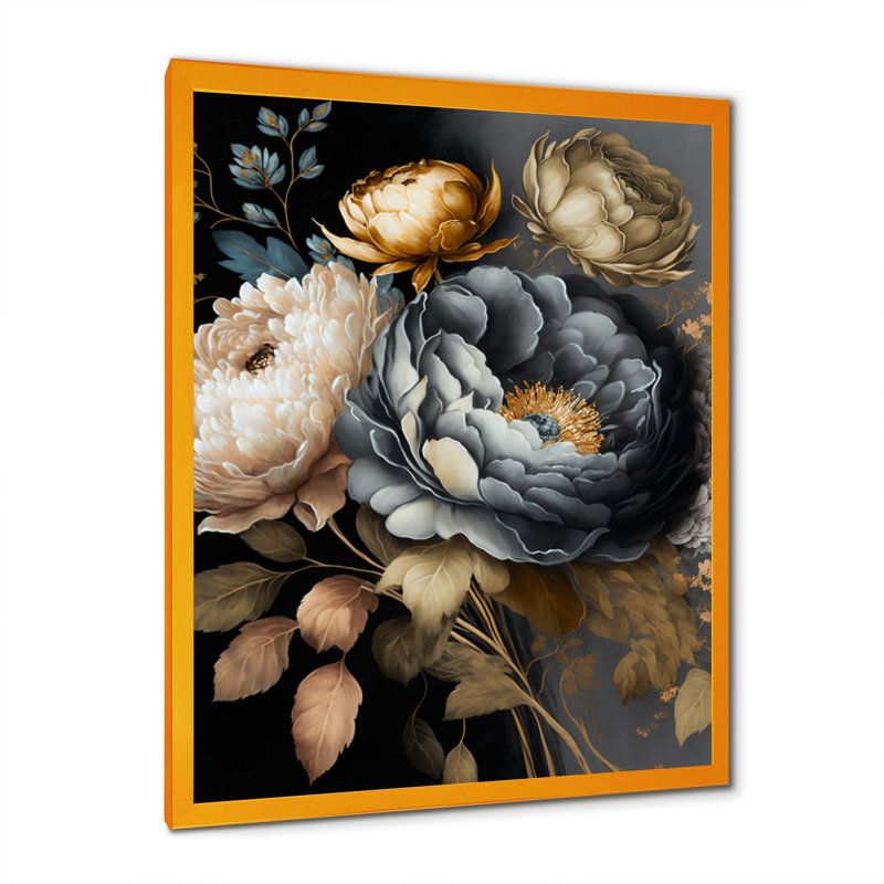 Bouquet de fleurs bleues III - Bouquet d'art mural pour le salon, L 34 po x H 44 po, Cadre photo doré