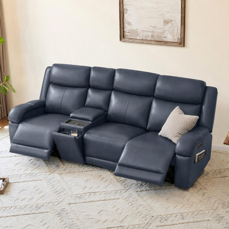 Canapé inclinable électrique en cuir véritable Zachery avec console multifonctionnelle, 3, Marine