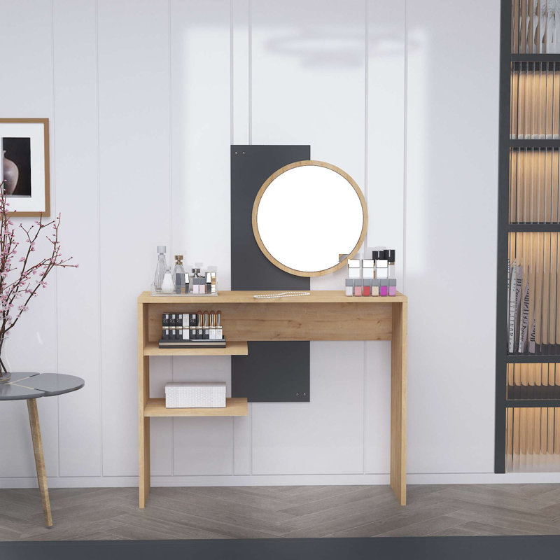 Table de maquillage moderne avec miroir, saphir et anthracite, 37,8 x 51,2 x 11,6 pouces | 100% panneau de particules enduit de mélamine, épaisseur: 0,7 pouce | Design élégant pour la beauté et le toilettage, élégant et fonctionnel