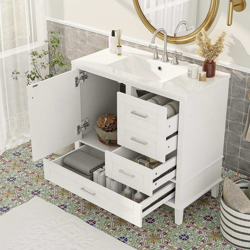 Meuble-lavabo moderne de 36 po avec cadre en pin massif, 1 porte à fermeture douce et 3 tiroirs, armoire de rangement moderne (Même série que WF321698)