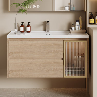 Meuble-lavabo simple 36 po en bois naturel avec plateau en céramique, porte d'armoire visible et drain inclus - Meuble-lavabo